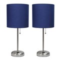 Diamond Sparkle Brushed Steel Stick Table Lamp with Charging Outlet & Fabric Shade, Navy - Set of 2 DI2519783